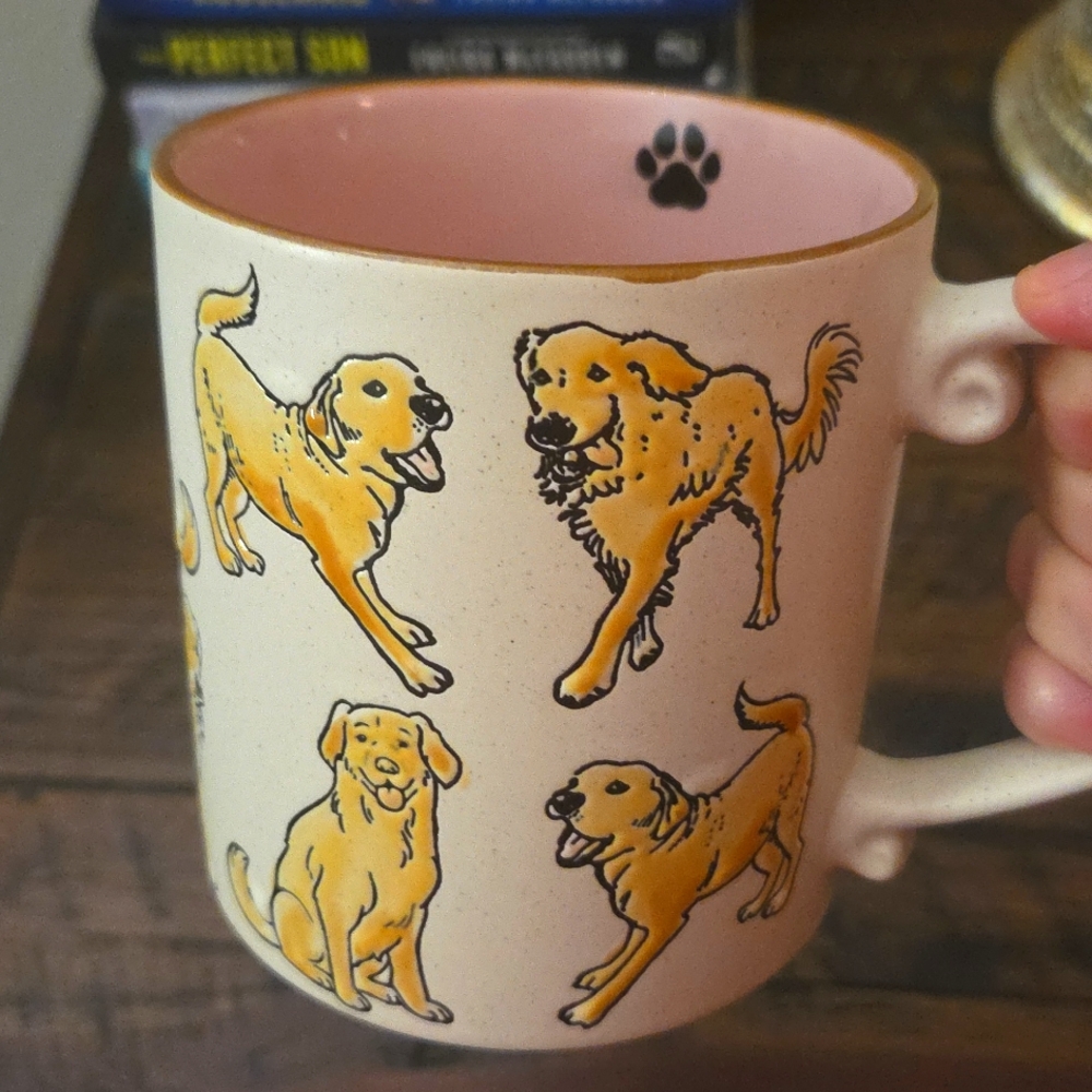 White and Pink Ceramic Mug with Playful Dog Design - Picture 2 of 7